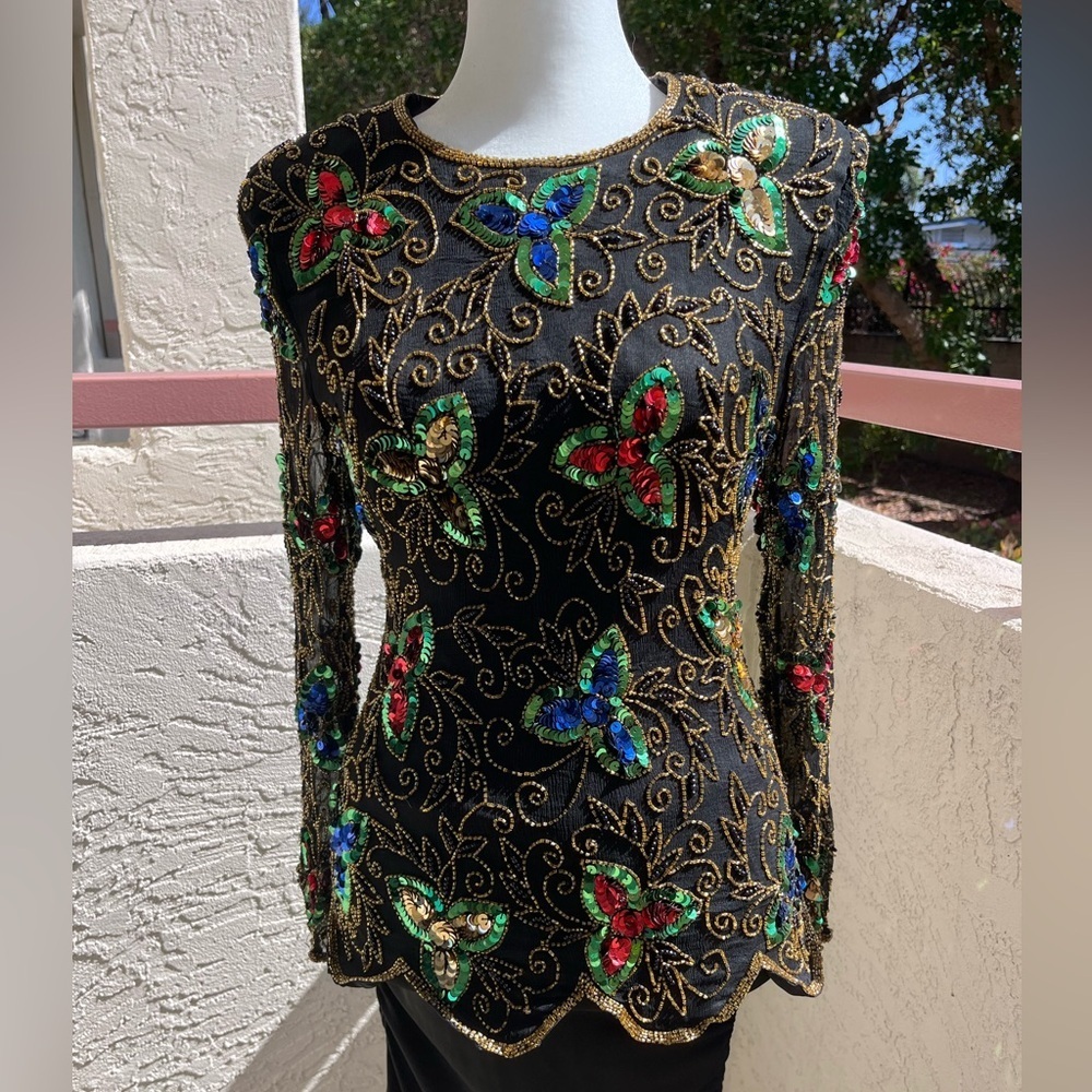 Fairycore Beaded Top | Vintage STENAY | 1980s Silk Sequin Blouse - Picture 13 of 14